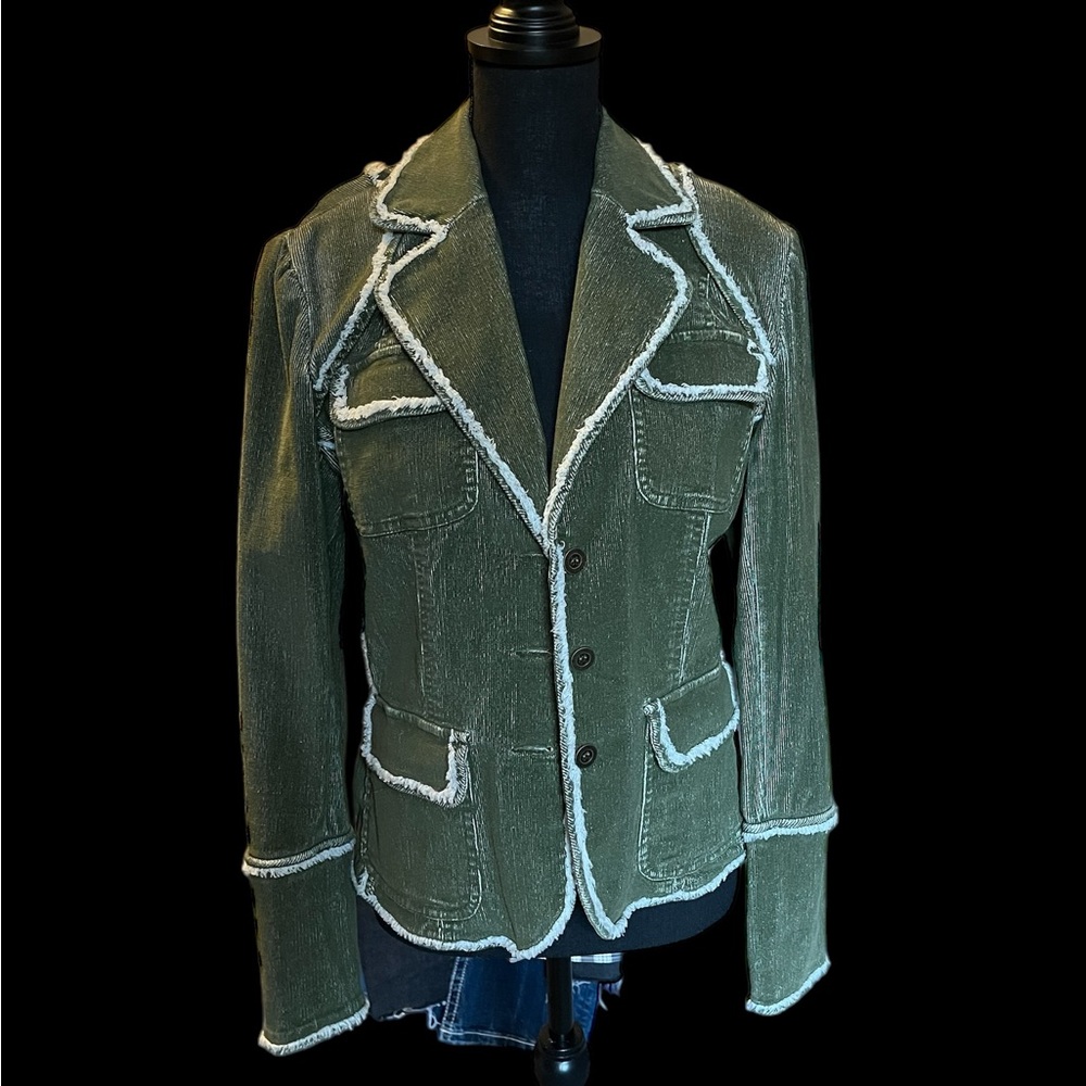 209 Vintage Khaki Green Corduroy, Blazer Jacket with Off White Trim